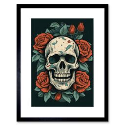 "Artery8 Wall Art Print Skull Roses Old School USA Tattoo Ink Body Art Rockabilly Americana 50s Artwork Framed 9X7 Inch in Black - Size: W7"" x H9""" - thumbnail 1