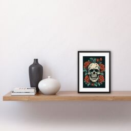 "Artery8 Wall Art Print Skull Roses Old School USA Tattoo Ink Body Art Rockabilly Americana 50s Artwork Framed 9X7 Inch in Black - Size: W7"" x H9""" - thumbnail 2