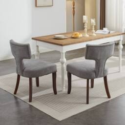HomeTouch Milton Set of 2 Farmhouse Dining Chairs with T-Shape Back Linen Fabric Upholstered Accent Curved Backrest Kitchen Chairs - Size: 2 Pack - thumbnail 6