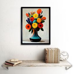 "Artery8 Wall Art Print Midcentury Style Bright Floral Bouquet Flowers Painting Orange Yellow Red Turquoise Art Framed - Size: W12"" x H16""" - thumbnail 2