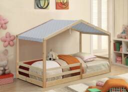 Comfy Living Ltd 3ft Wooden House Bed With Grey Tent in Natural - Size: Single