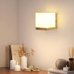 Goeco Vintage E27 Wood Interior Wall Lamp, Glass Wall Light, Square in White - thumbnail 2