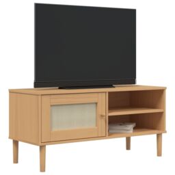 Berkfield Home TV Cabinet SENJA Rattan Look Brown 106x40x49cm Solid Wood Pine - Size: 106 x 40 x 49 cm - thumbnail 3