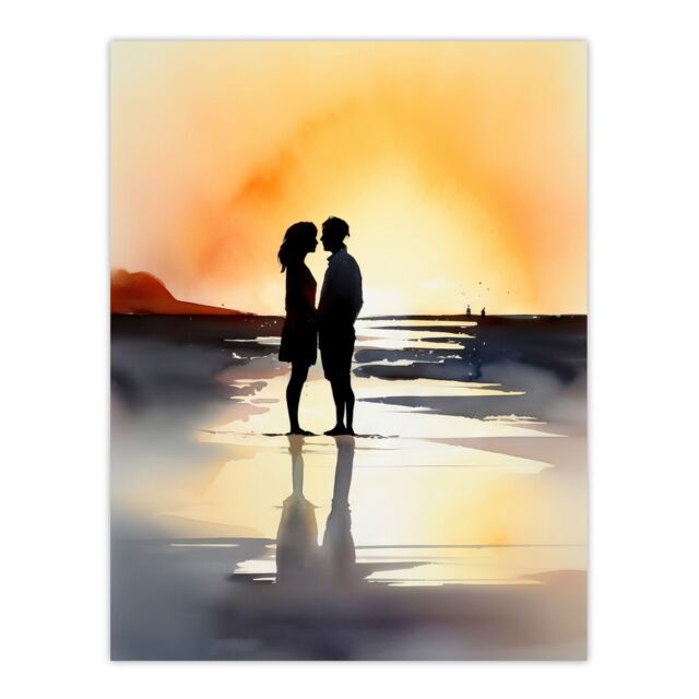 Artery8 Wall Art Print Kisses At Dawn Watercolour Painting Couple Kissing At Dawn Orange Grey Romantic Moment Between Lovers At A Coastal Landscape - image 1