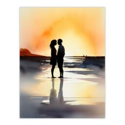 Artery8 Wall Art Print Kisses At Dawn Watercolour Painting Couple Kissing At Dawn Orange Grey Romantic Moment Between Lovers At A Coastal Landscape - thumbnail 1