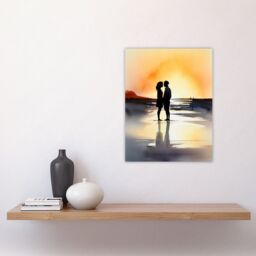 Artery8 Wall Art Print Kisses At Dawn Watercolour Painting Couple Kissing At Dawn Orange Grey Romantic Moment Between Lovers At A Coastal Landscape - thumbnail 4