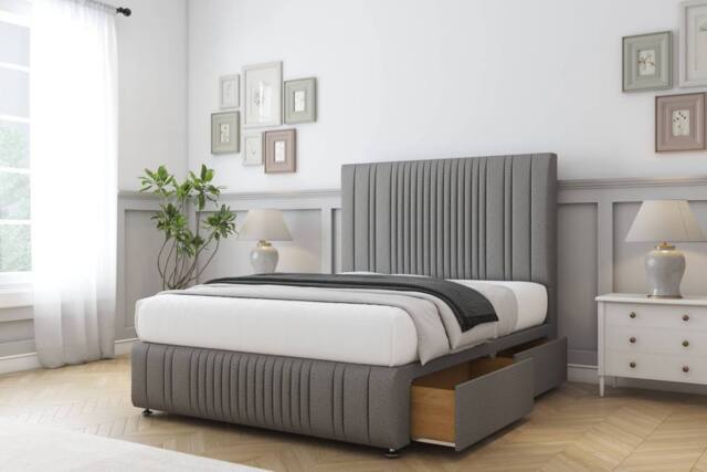 "Comfort Beds The Foxy Dumfries Divan Base 2 Drawers - 54"" Headboard-Footboard in Light Grey - Size: Double" - image 1