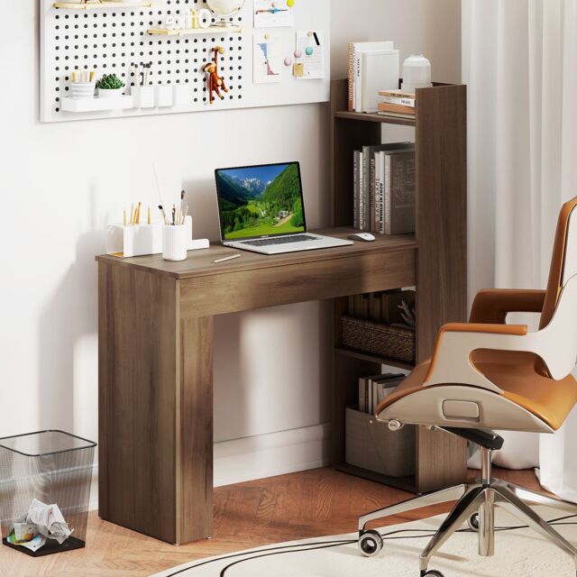Costway Home Office Desk 110 CM Study Writing Table with Bookshelf in Light Oak - image 1