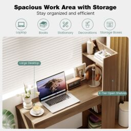 Costway Home Office Desk 110 CM Study Writing Table with Bookshelf in Light Oak - thumbnail 6