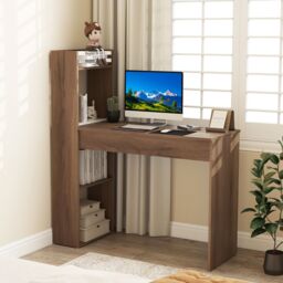 Costway Home Office Desk 110 CM Study Writing Table with Bookshelf in Light Oak - thumbnail 4