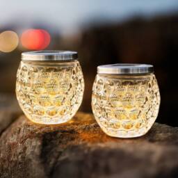 Marco Paul 2 Pack Warm White Dimpled Jar LED Solar Garden Lights in Clear