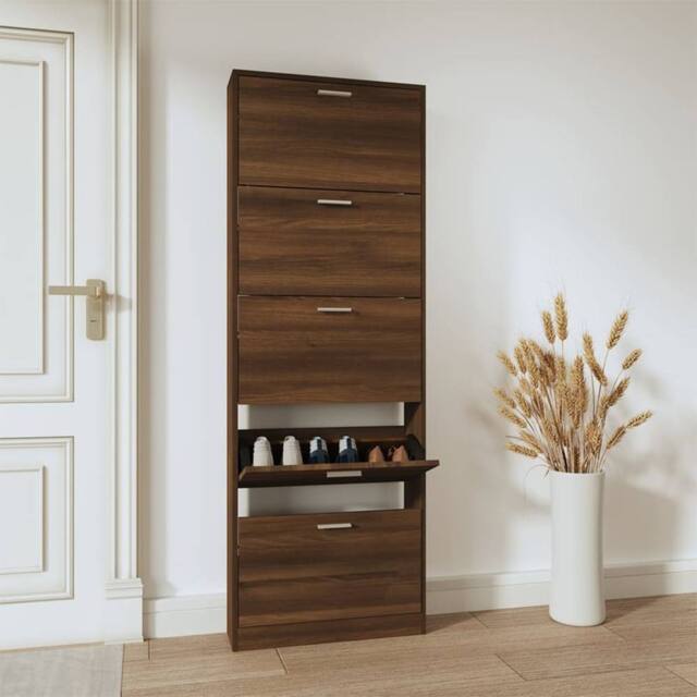 Berkfield Home Shoe Cabinet Brown Oak 59x17x169 cm Engineered Wood - Size: 59 x 17 x 169 cm - image 1