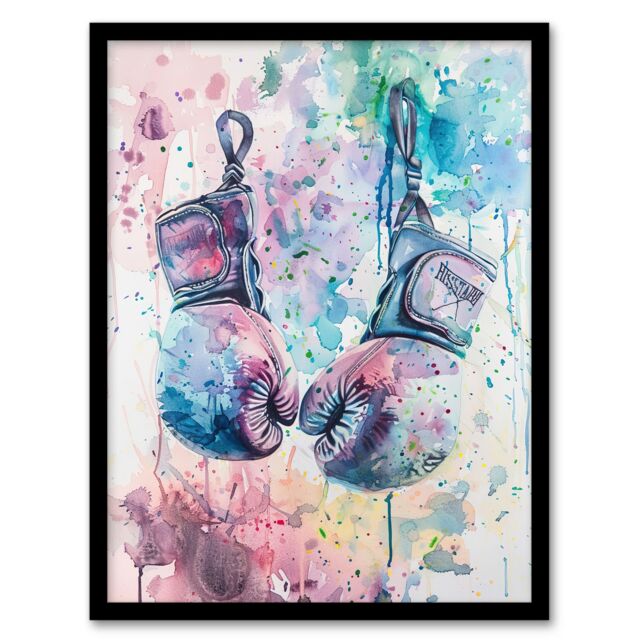 "Artery8 Boxing Gloves Pastel Watercolour Splash Painting Framed Art Print - Size: W12"" x H16""" - image 1