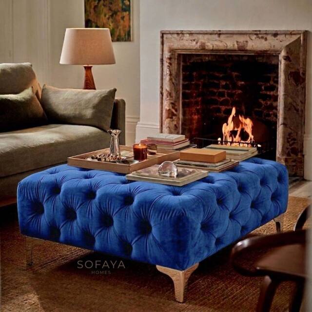 Sofaya Monaco Chesterfield Velvet Foot Stool, Deep Buttoned Coffee Table in Blue - Size: 100 cm x 80 cm - image 1