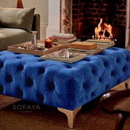 Sofaya Monaco Chesterfield Velvet Foot Stool, Deep Buttoned Coffee Table in Blue - Size: 100 cm x 80 cm - thumbnail 2