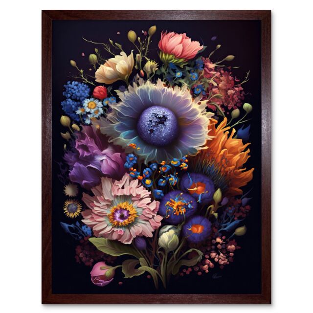 "Artery8 Wall Art Print Flower Bouquet Purple Pink Orange Floral Art Framed in Brown - Size: W12"" x H16""" - image 1