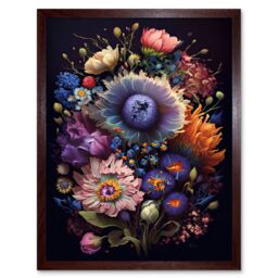 "Artery8 Wall Art Print Flower Bouquet Purple Pink Orange Floral Art Framed in Brown - Size: W12"" x H16""" - thumbnail 1