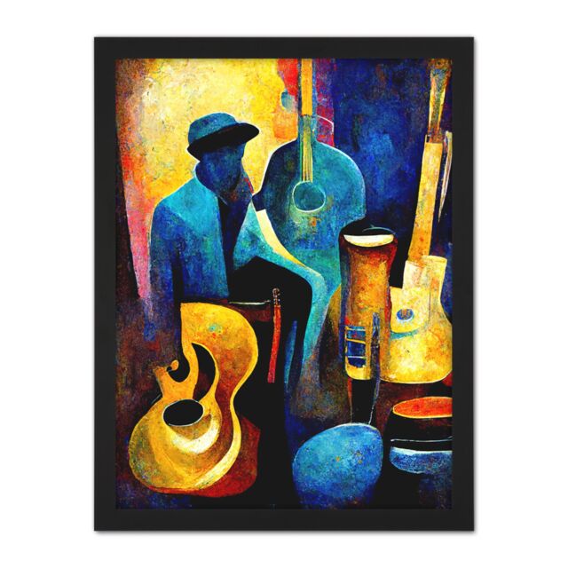 "Artery8 Wall Art Print Abstract Oil Painting Jazz Blues Musician With Instruments Large Framed Wall Décor Art in Light Oak - Size: W18"" x H24""" - image 1