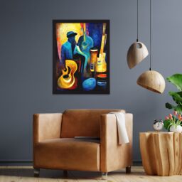 "Artery8 Wall Art Print Abstract Oil Painting Jazz Blues Musician With Instruments Large Framed Wall Décor Art in Light Oak - Size: W18"" x H24""" - thumbnail 2