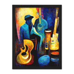 "Artery8 Wall Art Print Abstract Oil Painting Jazz Blues Musician With Instruments Large Framed Wall Décor Art in Light Oak - Size: W18"" x H24""" - thumbnail 1