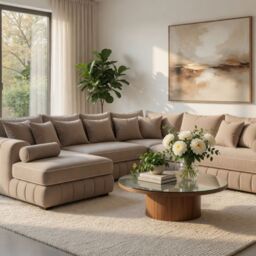 HOB Furniture Oxford Oyster U Shape Sofa With Contrast Piping - 12ftx7ftx7ft in Taupe - thumbnail 2