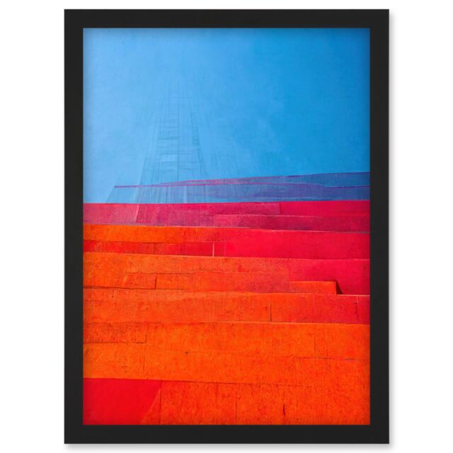 Artery8 Abstract Minimalist Steps Painting Blue Purple Pink Orange Red Artwork Framed Wall Art Print A4 in Black - image 1