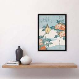 Artery8 Katsushika Hokusai Framed Wall Art Print Bush Warbler & Roses in Orange - Size: A4 - thumbnail 2