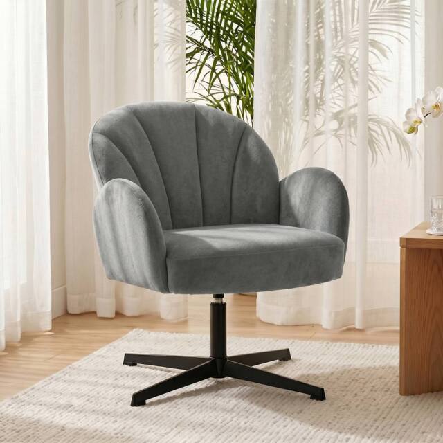 HOMCOM Modern Accent Chair, Shell Swivel Armchair, Velvet-Feel Fabric in Grey - image 1