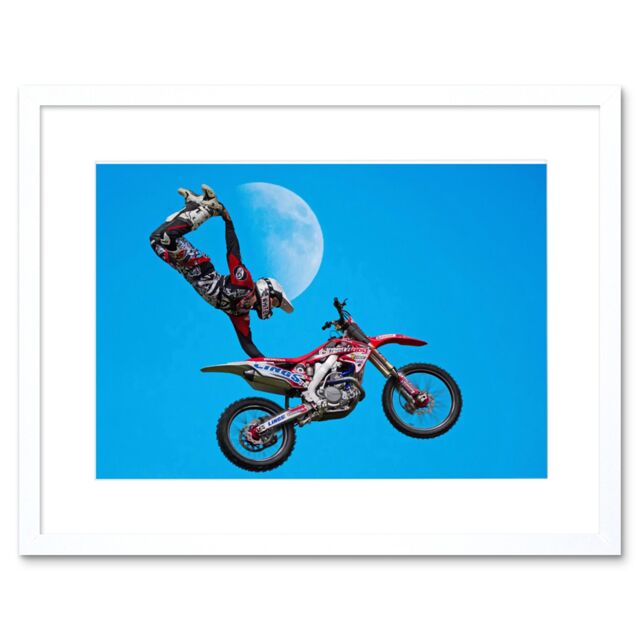"Artery8 Wall Art Print Motocross Bike Stunt Framed in White - Size: W7"" x H9""" - image 1