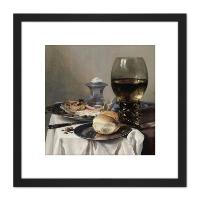 Artery8 Pieter Claesz Still Life With A Salt Realism 8X8 Inch Square Wooden Framed Wall Art Print Picture with Mount in Black - image 1