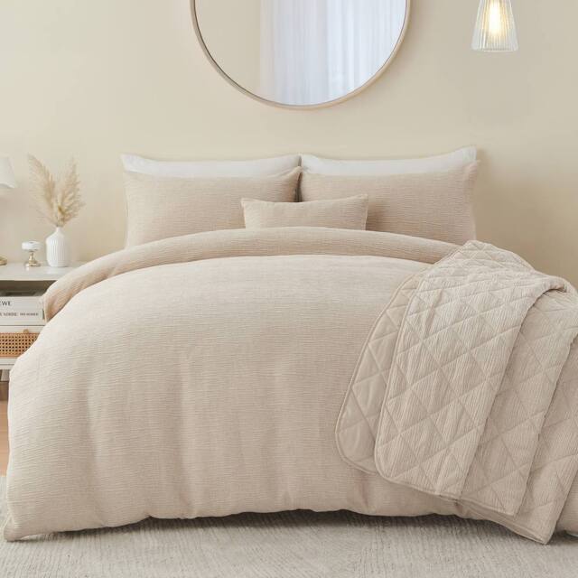Portfolio Home Bergen Textured Quilted Throwover Throw Over Bed Blanket 200 x 230cm in Natural - Size: 200 cm x 230 cm - image 1