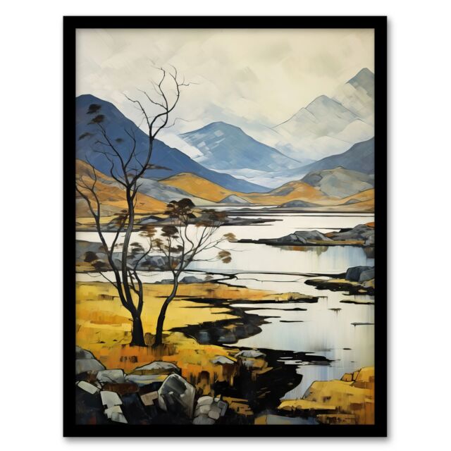 Artery8 Scottish Highlands In Autumn Oil Painting Ochre Blue Misty Mountains & Serene Lake Art Print Framed Poster Wall Decor in Black - Size: A4 - image 1