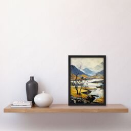 Artery8 Scottish Highlands In Autumn Oil Painting Ochre Blue Misty Mountains & Serene Lake Art Print Framed Poster Wall Decor in Black - Size: A4 - thumbnail 4