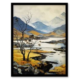 Artery8 Scottish Highlands In Autumn Oil Painting Ochre Blue Misty Mountains & Serene Lake Art Print Framed Poster Wall Decor in Black - Size: A4 - thumbnail 1