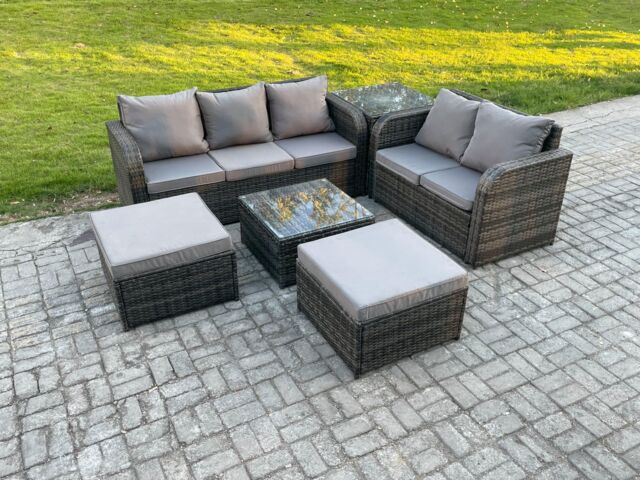 Fimous High Back Rattan Garden Furniture Set with Square Coffee Table Big Footstool Side Table Outdoor Patio Lounge Sofa Set Dark Grey Mixed - image 1