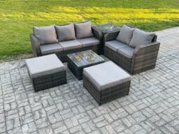 Fimous High Back Rattan Garden Furniture Set with Square Coffee Table Big Footstool Side Table Outdoor Patio Lounge Sofa Set Dark Grey Mixed - thumbnail 1