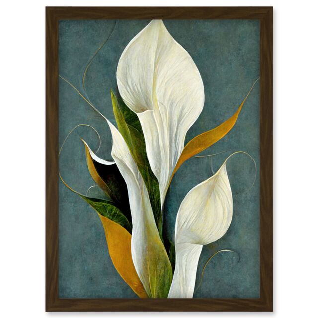 Artery8 White Calla Lily Bouquet Flowers In Blue Background Realism Artwork Framed Wall Art Print A4 in Brown - image 1