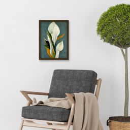Artery8 White Calla Lily Bouquet Flowers In Blue Background Realism Artwork Framed Wall Art Print A4 in Brown - thumbnail 2