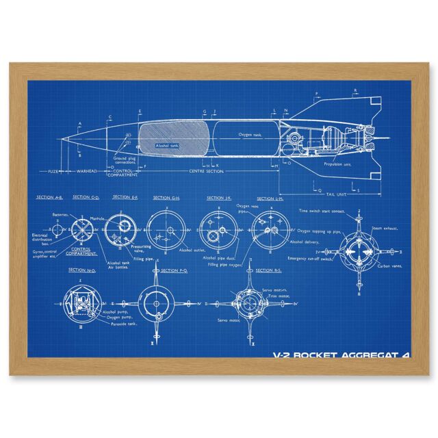 Artery8 Military V-2 Rocket Aggregat 4 Ballistic Missile Blueprint Plan Artwork Framed Wall Art Print A4 in Light Oak - image 1