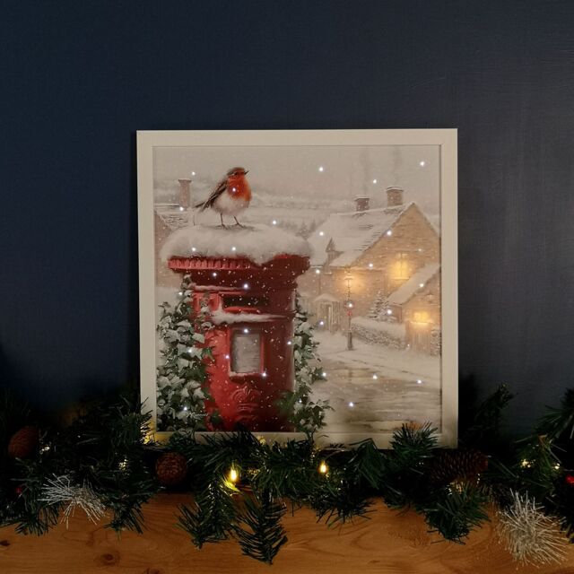 Samuel Alexander LED Battery Operated Fibre Optic Wall Art Canvas with a Robin & Postbox Christmas Decoration in White - image 1