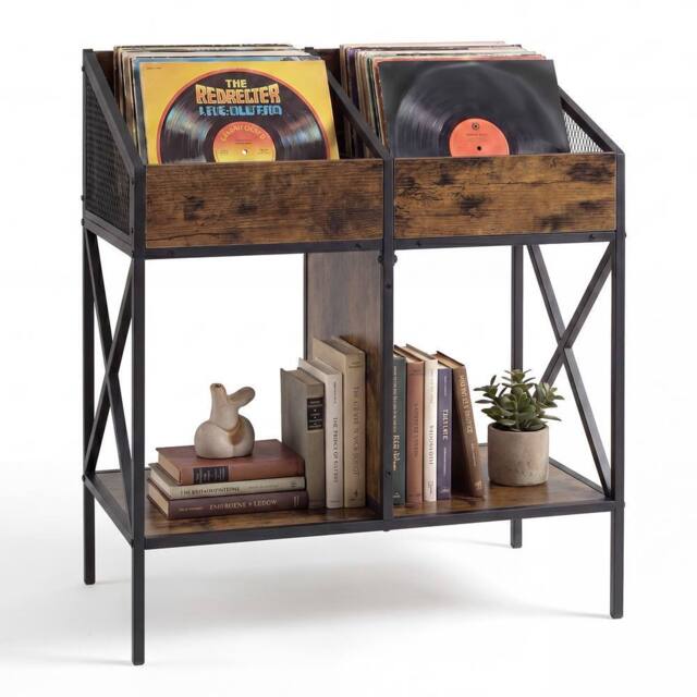 Gymax 4-Grid Record Storage Rack 2-Tier Vinyl Display Shelf For 250 Albums in Brown - image 1