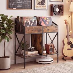 Gymax 4-Grid Record Storage Rack 2-Tier Vinyl Display Shelf For 250 Albums in Brown - thumbnail 6