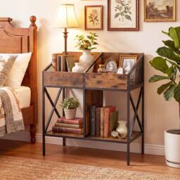 Gymax 4-Grid Record Storage Rack 2-Tier Vinyl Display Shelf For 250 Albums in Brown - thumbnail 3