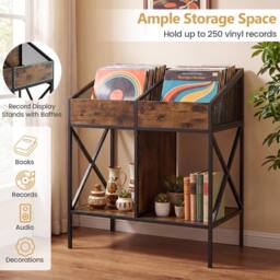Gymax 4-Grid Record Storage Rack 2-Tier Vinyl Display Shelf For 250 Albums in Brown - thumbnail 7