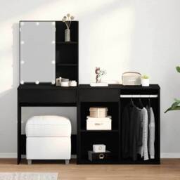 Berkfield Home Modern Dressing Table with LED & Cabinet Black Oak Engineered Wood - thumbnail 2