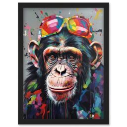 Artery8 Chimpanzee With Rainbow Sunglasses Modern Pop Art Artwork Framed Wall Art Print A4 in Black - thumbnail 1
