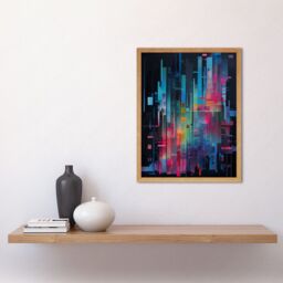 "Artery8 Wall Art Print Modern Abstract Geometric Neon Lines Cityscape Painting Art Framed in Light Oak - Size: W12"" x H16""" - thumbnail 2