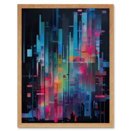 "Artery8 Wall Art Print Modern Abstract Geometric Neon Lines Cityscape Painting Art Framed in Light Oak - Size: W12"" x H16""" - thumbnail 1