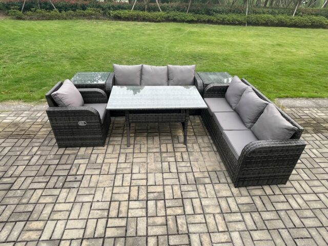 Fimous 7 Seater Rattan Garden Furniture Set Oblong Rectangular Dining Table & Chairs Set with 3 Seater Sofa 2 Side Tables Dark Grey Mixed - image 1