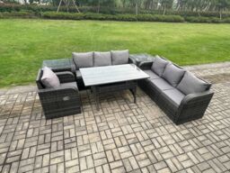Fimous 7 Seater Rattan Garden Furniture Set Oblong Rectangular Dining Table & Chairs Set with 3 Seater Sofa 2 Side Tables Dark Grey Mixed - thumbnail 2